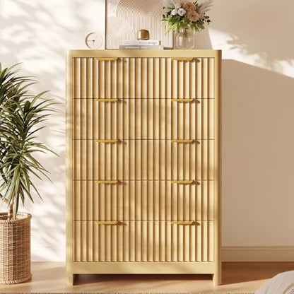 Natural Oak Dresser with 5 Deep Drawers, 47" Tall Fluted Chest of Drawers, Round Edge, Modern Vertical Dresser, Wooden Storage Organizer Cabinet for Bedroom, Living Room, Entryway, Hallway