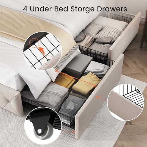 King Size Bed Frame with 4 Storage Drawers and 47.2" Tall Tufted Headboard Linen Upholstered Platform Bed Frame Wingback Beds with Wooden Slats Support, Easy Assembly, Beige