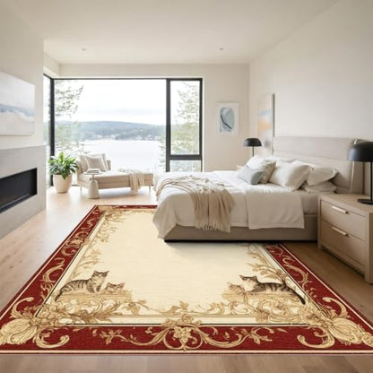 9'x12' Ivory Cat Crimson Motif with Swirls Washable Area Rug