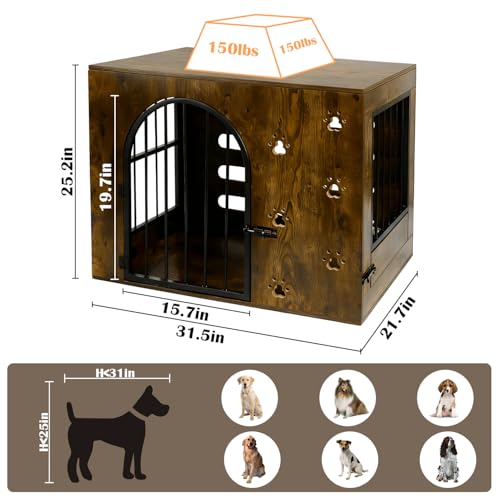 Dog Crate Furniture for Small Medium Dogs, Heavy Duty Wood Metal Indoor Dog Kennel with Bowls, Decorative Pet Cage Dog House as TV Stand, Brown
