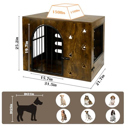 Dog Crate Furniture for Small Medium Dogs, Heavy Duty Wood Metal Indoor Dog Kennel with Bowls, Decorative Pet Cage Dog House as TV Stand, Brown