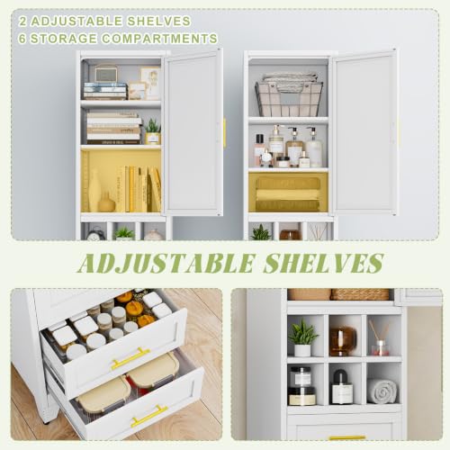 Tall Storage Cabinet with Door, Drawers & Wine Rack, Freestanding White Pantry Cupboard with Golden Handles, Modern Display Cabinet for Kitchen Living Room (White)