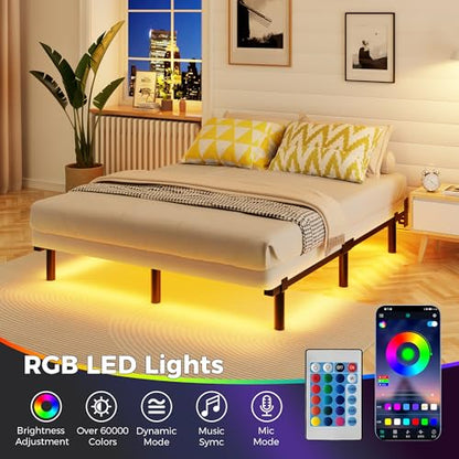 Full Bed Frame with LED Lights, 7 Inch Heavy Duty Metal Base for Box Spring