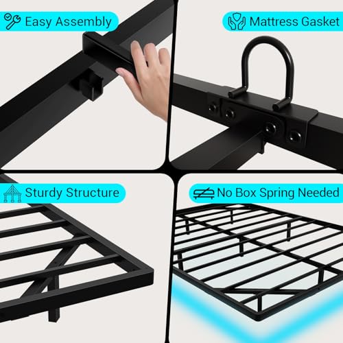 Queen Size Floating Metal Bed Frame with Smart LED Lights & Charging Station, Metal Platform Bed Base No Box Spring Needed, Easy Assembly, Noise Free
