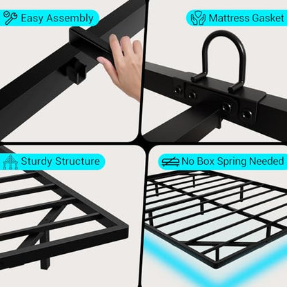 Queen Size Floating Metal Bed Frame with Smart LED Lights & Charging Station, Metal Platform Bed Base No Box Spring Needed, Easy Assembly, Noise Free
