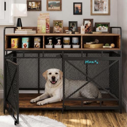 Dog Crate Furniture, 48" Heavy Duty Wooden Dog Crate End Table, XL Dog Kennel Furniture Large Breed, Decorative Dog Kenne Indoor with 3 Drawers & Steel Tubes 48" L x28 W x36 H (Rustic Brown)