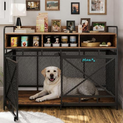 Dog Crate Furniture, 48" Heavy Duty Wooden Dog Crate End Table, XL Dog Kennel Furniture Large Breed, Decorative Dog Kenne Indoor with 3 Drawers & Steel Tubes 48" L x28 W x36 H (Rustic Brown)