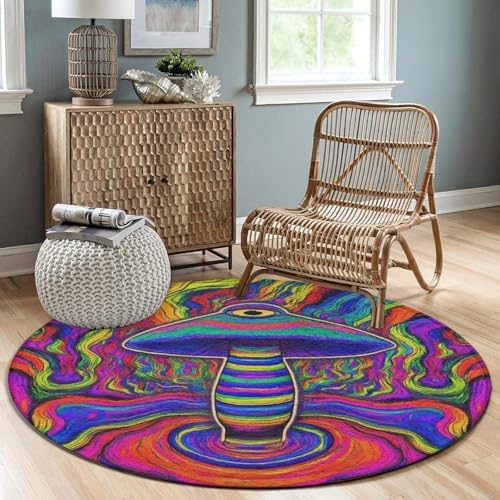 Home Decor Non Slip Kitchen Office Circle Rug, Machine Washable Modern Round Area Rug, Room Sofa Yoga Soft Round Carpet Trippy Mushroom Rainbow Tie Dye Art, 24inch