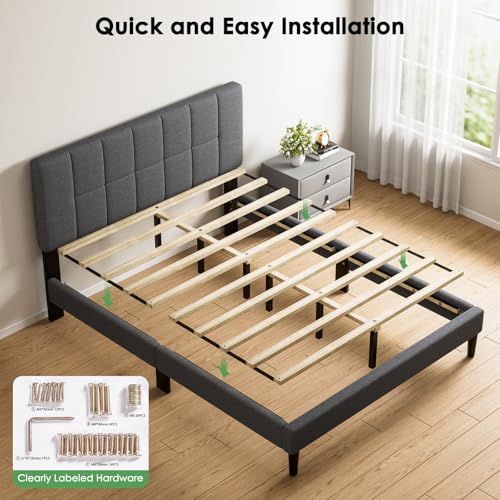 Queen Size Bed Frame, Sturdy and Durable with 12 Support Legs, 1300 lbs Capacity, Solid Wooden Upholstered Adjustable Headboard for 6"-12" Mattresses, Easy Assembly, Ideal Height, Dark Gray