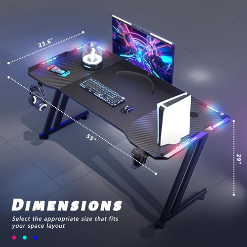55 Inch Gaming Desk Z Shaped Carbon Fiber Computer Desk with LED | Ergonomic Gamer Desk for Home Office, Large PC Table with Cup Holder Headphone Hook and Spacious Desktop for Gaming Setup