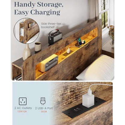 Queen Wood Bed Frame with Storage Headboard and Charging Station