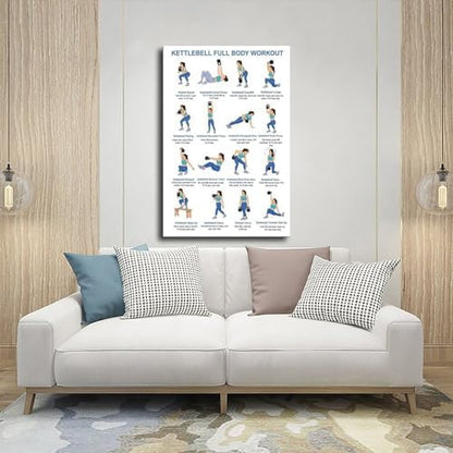 Kettlebell Full Body Workout for Beginners Exercise Chart Home Gym Easy Strength Training Routine Canvas Poster Bedroom Decor Room Decor Frame 20x30inch