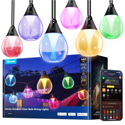 Govee Clear Bulb Outdoor String Lights 144ft, RGBWIC Smart Outdoor Lights with 45 Dimmable LED Bulbs, 111 Scene Modes, IP67 Waterproof & Shatterproof, Works with Alexa, Google & Matter for Patio