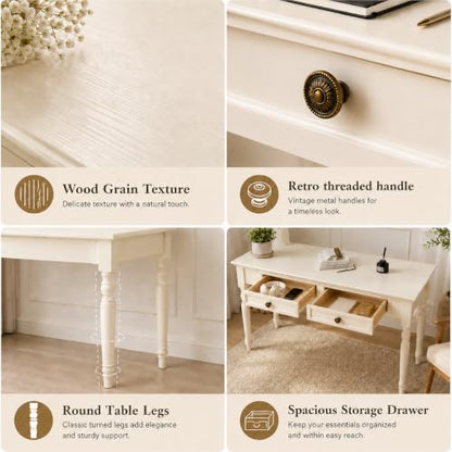 White Writing Desks with Drawers, 47" French Country Style