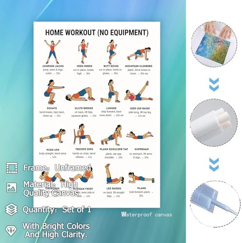 No Equipment Home Workout Poster, 16 Illustrated Full-Body Bodyweight Training Chart with Rep & Timing Guides, Beginner Friendly Full Physique Fitness Reference for Indoor Daily Cardio & Strength Building Routine(20x30inchs，Unframed)