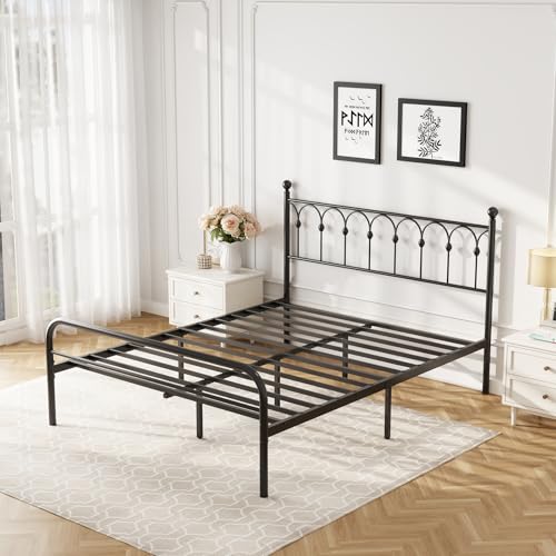 Queen Bed Frame with Headboard, Victorian Metal Platform Bed Frame, Mattress Foundation with Steel Slat Support, Stable & No Noise, Under Foundation Storage, No Box Spring Needed, Easy Assembly