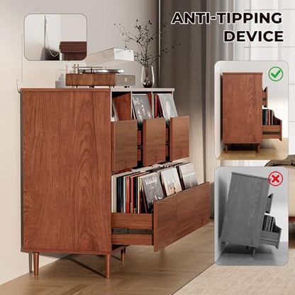47.2" Large Record Player Stand, Vinyl Record Storage Cabinet,Brown | Fit 7“/10"/12" Vinyl Record, Mid Century Turntable Stand, Media Cabinet with 6 DVD Drawers for Living Room, Music Corner