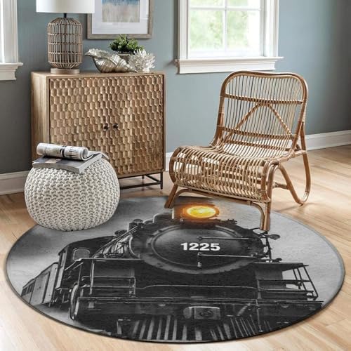Men's Large Home Decor Mat, Soft Round Yoga Carpet, Non Slip Machine Washable Home Office Circle Rug Black Steam Train