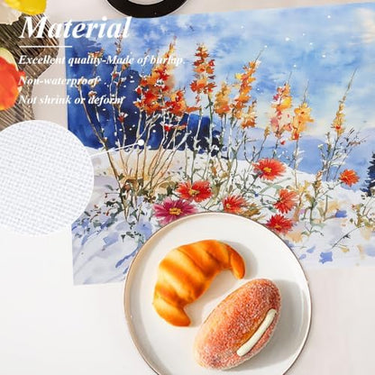 Shrahala Winter Flowers Landscape Set of 6 12 X 18 Inch Linen Placemats, Red Orange Watercolor Poppies Burlap Table Mat Washable Double Layered Heat Insulation for Indoor