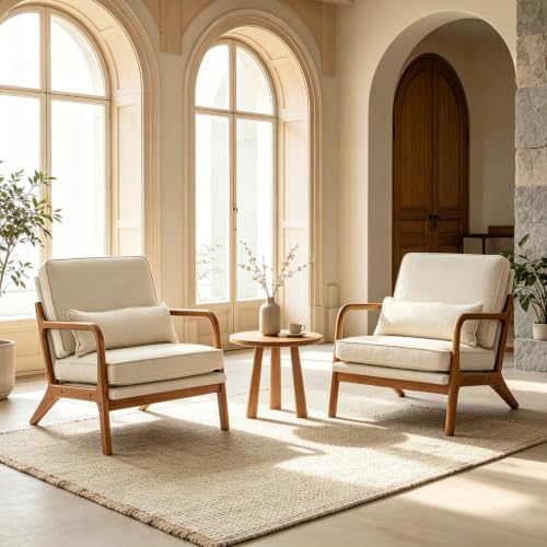 Mid-Century Accent Chairs, Set of 2, Beige Linen with Lumbar Pillow