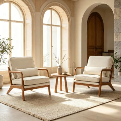 Mid-Century Accent Chairs, Set of 2, Beige Linen with Lumbar Pillow