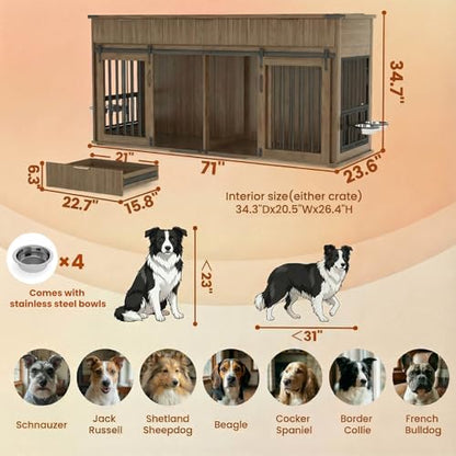 71'' Double Dog Crate Furniture, XXL Dog Kennel TV Stand,Walnut