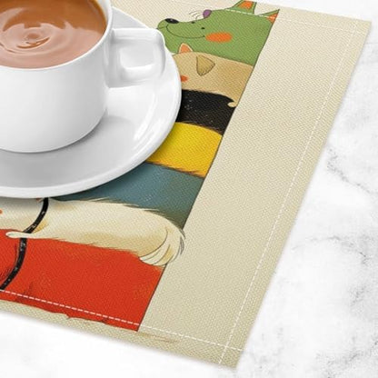 Stacked Dogs Colorful Linen Placemats Set of 4PCS, Heat Resistant Non-Slip Washable Table Placemats for Dining Everyday Use Hotel Banquet Home Decor