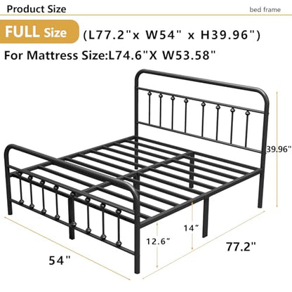 Full Metal Bed Frame with Victorian Headboard & Footboard, Black