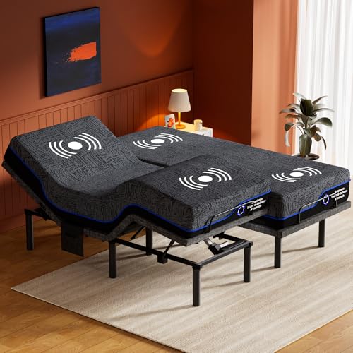 Amada Split King Adjustable Bed Frame and 14 Inch Cooling Gel Memory Foam Mattress Set, Massage, Head & Foot Incline, Wireless Remote, USB Ports, LED Night Light, Medium Firm Support