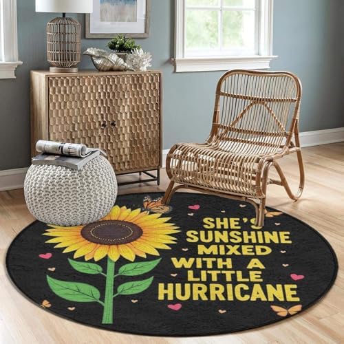 Large Machine Washable Circular Rugs, Home Decor Round Mat for Living Room Sofa Office Butterfly Sunflower She is Sunshine