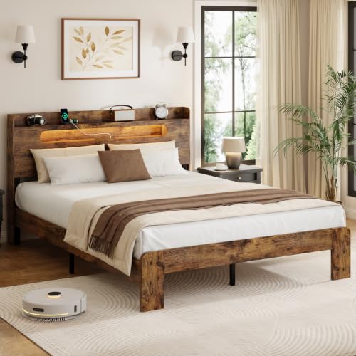 Queen Bed Frame, 2-Tier Storage Headboard Platform Bed, Rustic Brown | Farmhouse Wooden Bed Frame with Charging Station and LED Light, Heavy Duty Wood Slat Support, No Box Spring Needed