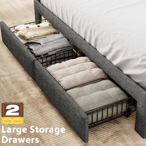 King Size Bed Frame with 2 Storage Drawers,Upholstered Headboard | LED Light, Charging Station, No Box Spring Needed, Easy to Assemble, Dark Grey