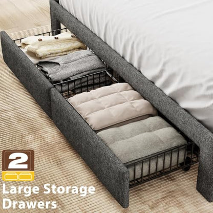 King Size Bed Frame with 2 Storage Drawers,Upholstered Headboard | LED Light, Charging Station, No Box Spring Needed, Easy to Assemble, Dark Grey