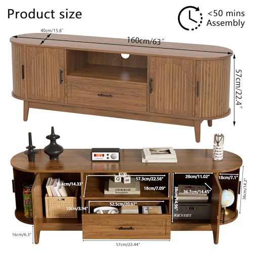63" Fluted TV Stand for Tvs up to 70" Entertainment Center with Drawers