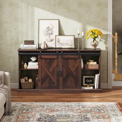 Farmhouse TV Stand for 65 Inch TV, Sliding Barn Doors, Brown