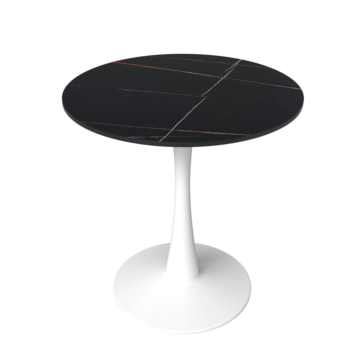 24" Wide Round Dining Table, Modern Sintered Stone Top & White Metal Pedestal Base Gloss Finish Accent Table Mid-Century Café Table, Kitchen Dining Room Furniture, Black
