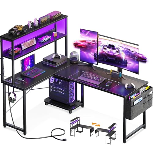 L Shaped Desk Gaming Desk with LED Light & Power Outlet