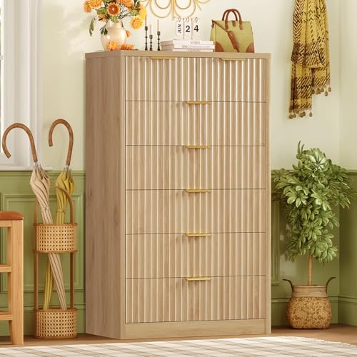 48" Tall Dresser for Bedroom with 7 Drawers, Dressers & Chests of Drawers with Metal Handle, Fluted Dresser, Wood Closet Clothes Storage Organizer for Bedroom, Hallway, Natural