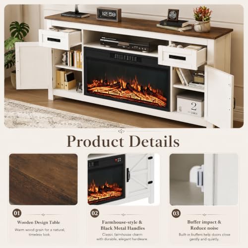 Fireplace TV Stand with Barn Door, 70 inch, White