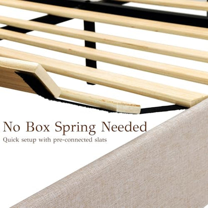 Queen Bed Frame with Headboard, Solid Wood Bed Frame Queen Size, Platform Bedframe Noise Free, No Box Spring Needed, Beige Linen