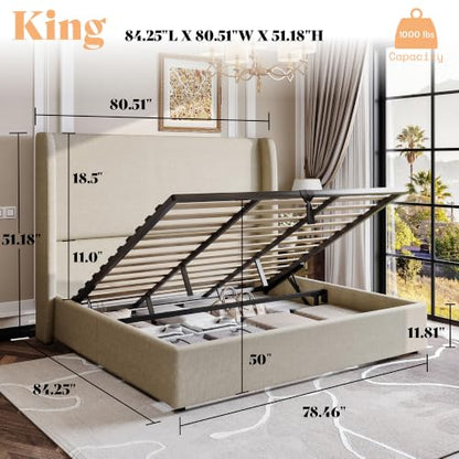 King Lift Up Storage Bed Frame Linen Wingback Headboard, Khaki