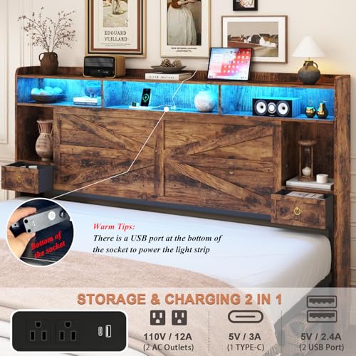 King Size Bed Frames with Storage Headboard and 4 Drawers, Farmhouse Platform Bed Frame with Charging Station & LED Lights, Metal Slats Support, Noise Free, No Box Spring Needed, Rustic Brown