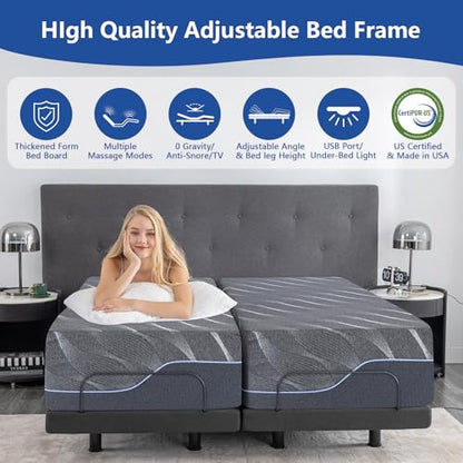Split King Adjustable Bed Frame with Massage, 14 Inch Grey Gel Memory Foam Medium Firm Mattress in Box, Bed Base with Thickened Foam Frame, Adjustable legs, Voice control, Anti-Snore/0 Gravity