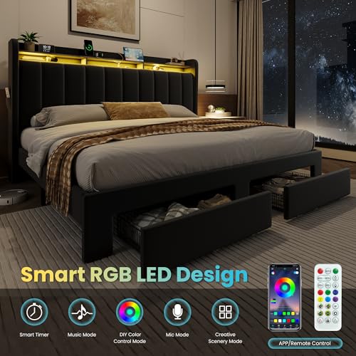 King Size Platform Bed Frame with Wingback Headboard
