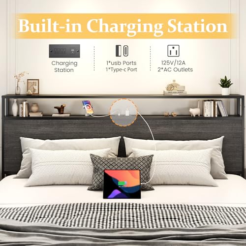 King Bed Frame with 2-Tier Storage Headboard, Metal Platform Bed Frame with 4 Storage Drawers, Built in Charging Station & LED, Noise-Free/Metal Support/No Box Spring Needed, Rustic Grey