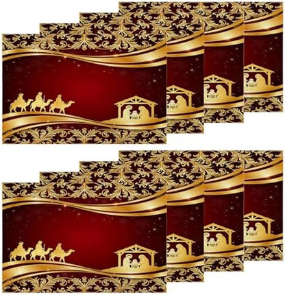 Shrahala Christian Christmas Golden Floral Set of 8 12 X 18 Inch Linen Placemats, Christmas Wise Men Golden Star Bethlehem Burlap Table Mat Washable Double Layered Heat Insulation for Indoor/Outdoor