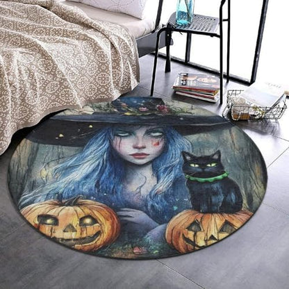 Large Round Area Rug Home Decor Modern Bathroom Rug Kitchen Office Circle Rug for Living Room Sofa Circle Cute Mat Halloween Pumpkin Black Cat Magic Witch Painting, 60inch
