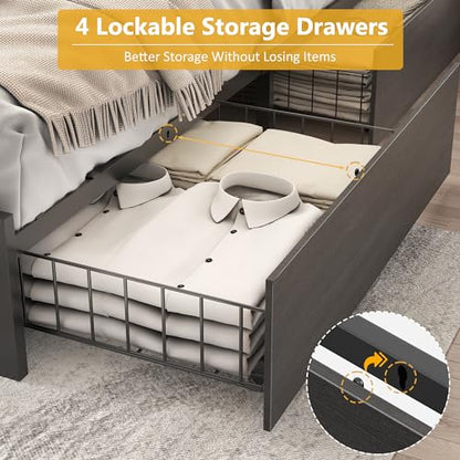 Queen Bed Frame with 2-Tier Storage Headboard, Metal Platform Bed Frame with 4 Storage Drawers, Built in Charging Station & LED, Noise-Free/Metal Support/No Box Spring Needed, Rustic Grey