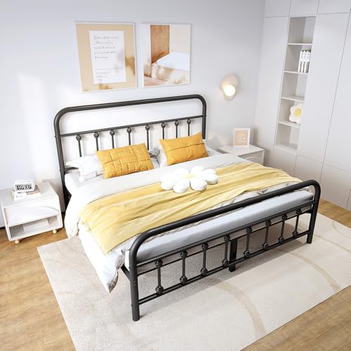 Full Metal Bed Frame with Victorian Headboard & Footboard, Black