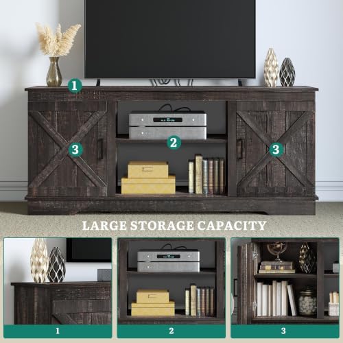 Farmhouse TV Stand for 65 Inch TV, Mid Century Modern Entertainment Center with Double Barn Doors, Rustic TV Media Console TV Cabinet for Living Room, Dark Oak
